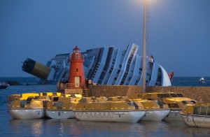 The Costa Concordia rests on its side on the morning of January 14, 2012.