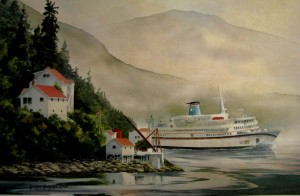 painting of the old BC ferry Queen of the North passing Boat Bluff